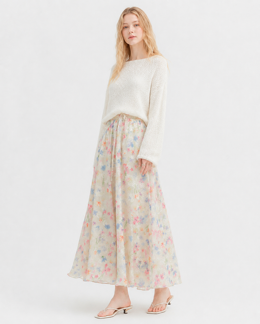 Cloud Print Midi Skirt
