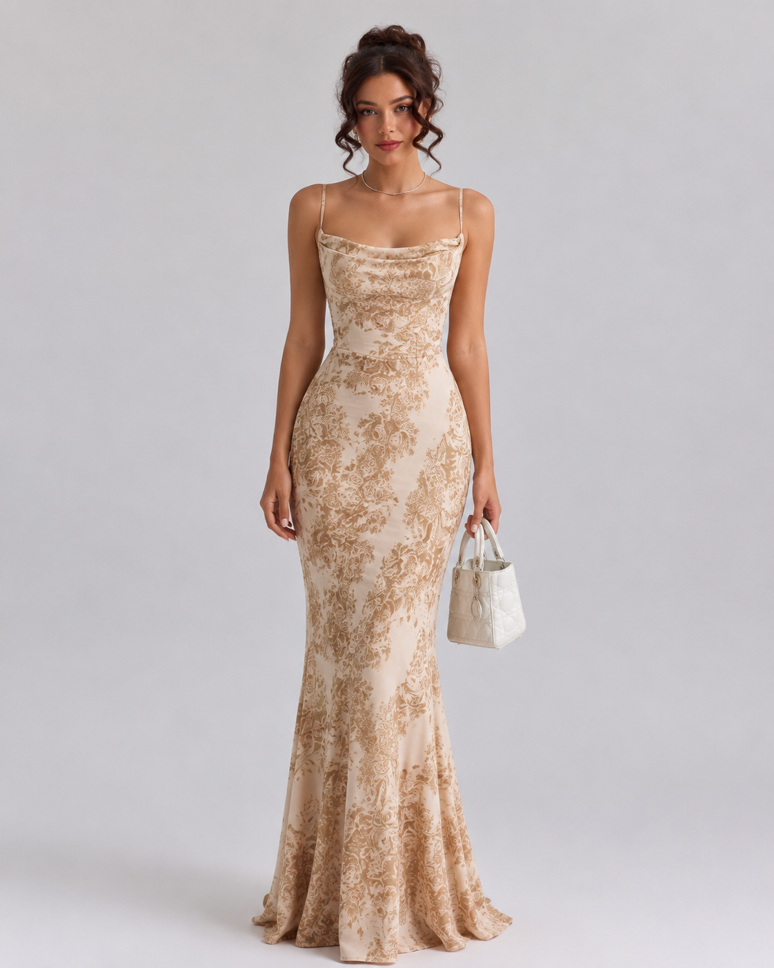 Printed Satin Fishtail Maxi Dress