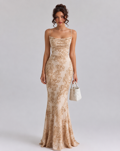 Printed Satin Fishtail Maxi Dress