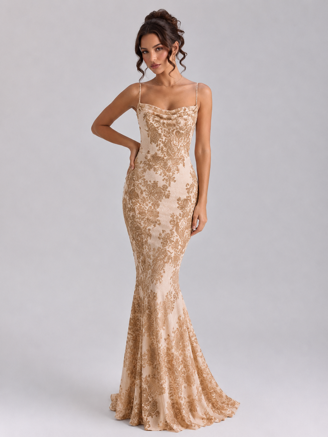 Printed Satin Fishtail Maxi Dress
