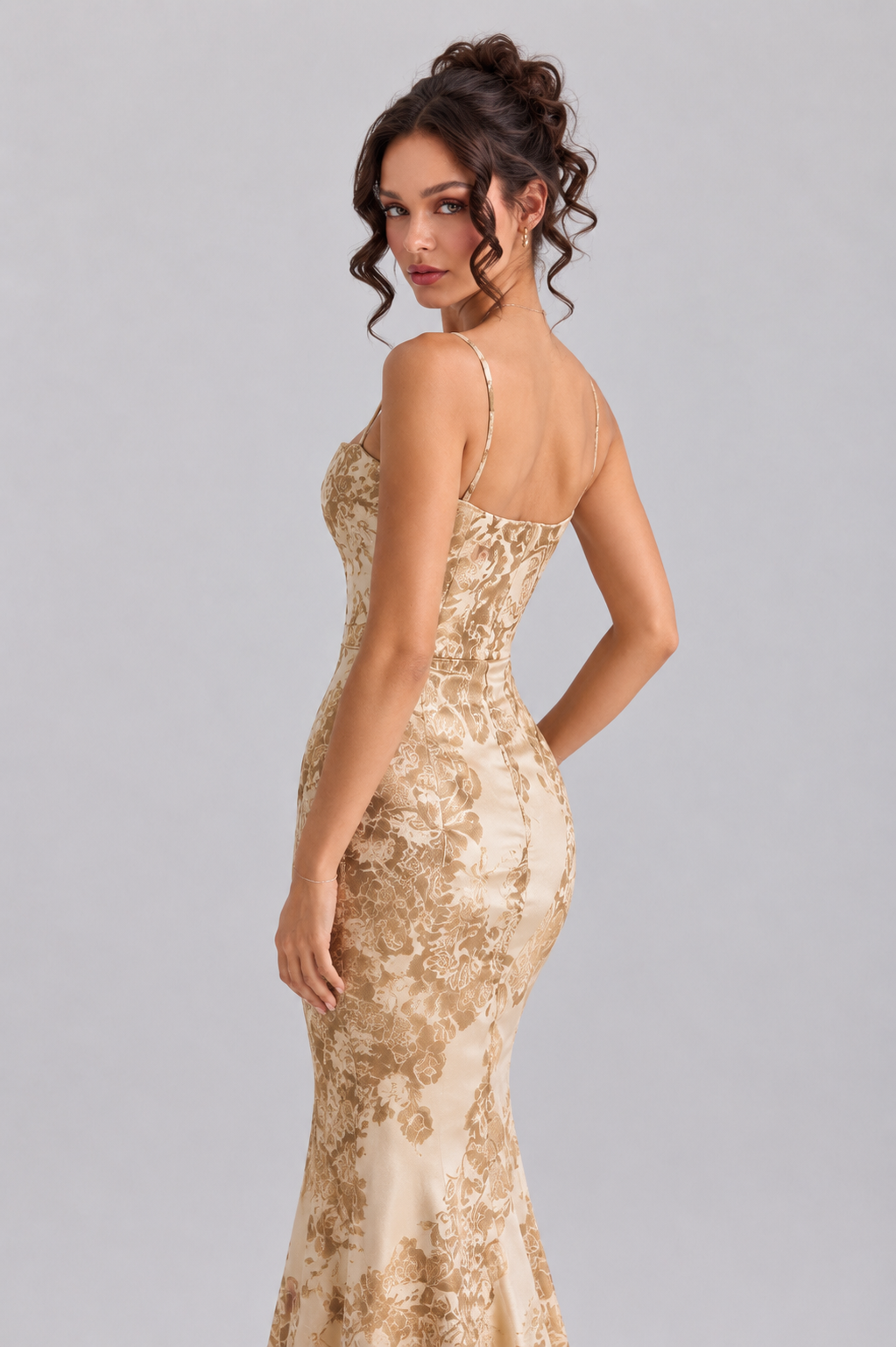 Printed Satin Fishtail Maxi Dress