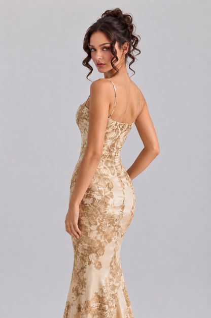 Printed Satin Fishtail Maxi Dress