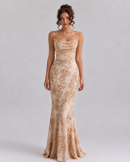 Printed Satin Fishtail Maxi Dress