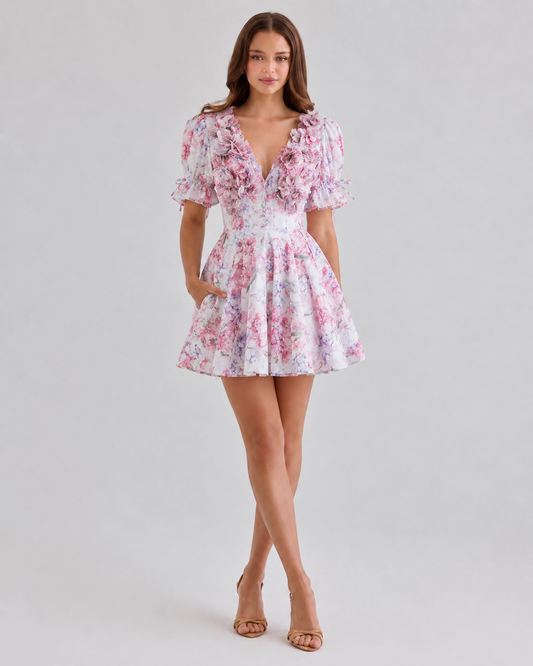 Flare Sleeve V-Neck Mini Dress