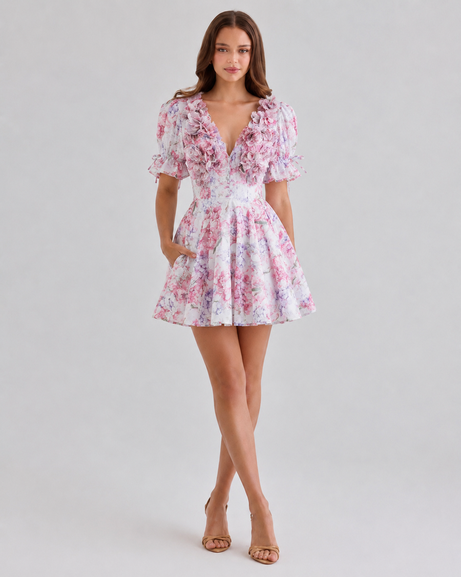 Flare Sleeve V-Neck Mini Dress
