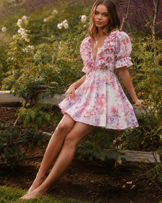 Flare Sleeve V-Neck Mini Dress