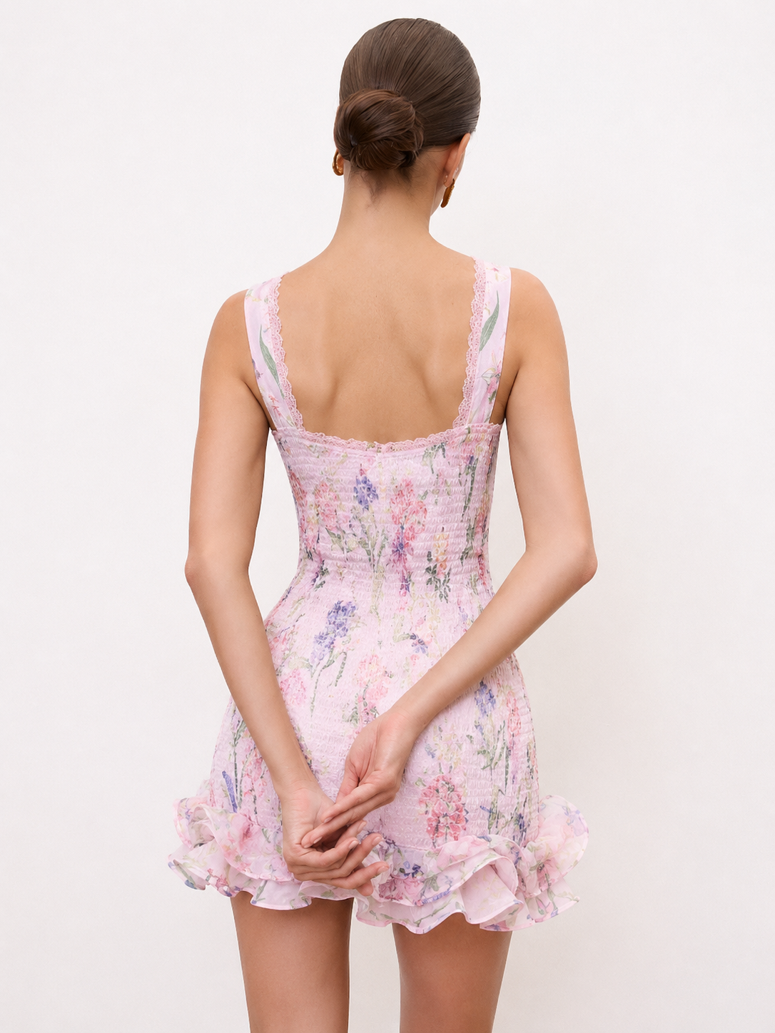 Pink floral lace-trim ruffle mini dress