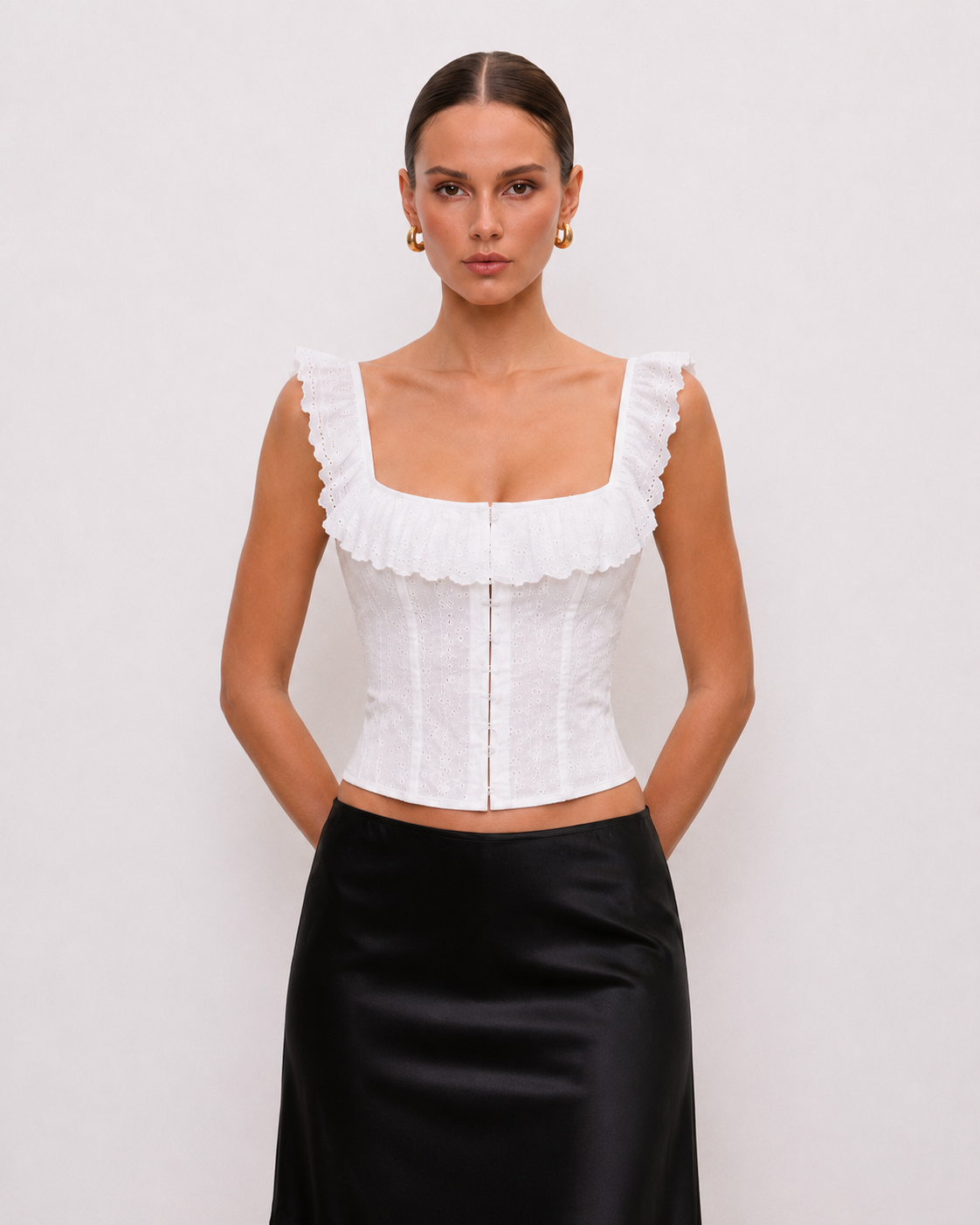Ruffle-Trim Eyelet Corset Top