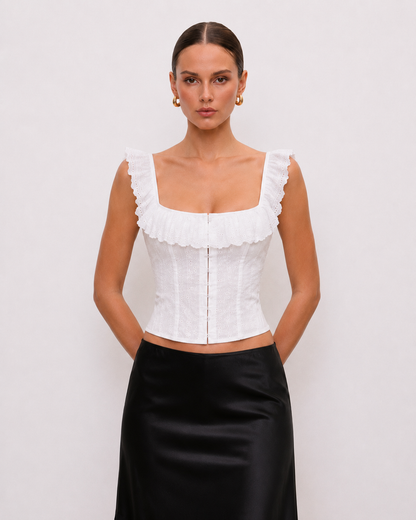 Ruffle-Trim Eyelet Corset Top