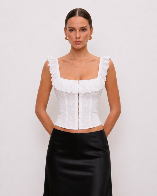 Ruffle-Trim Eyelet Corset Top