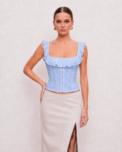 Ruffle-Trim Eyelet Corset Top