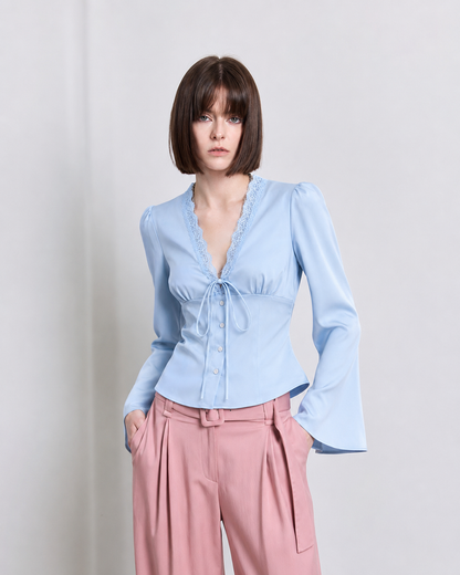 Lace-Trim Satin Tie-Front Blouse