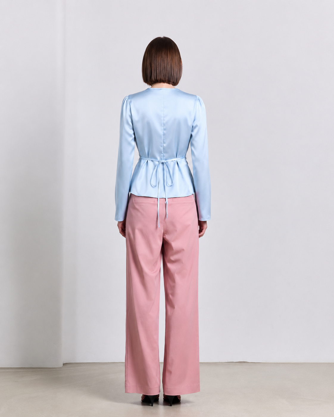 Lace-Trim Satin Tie-Front Blouse
