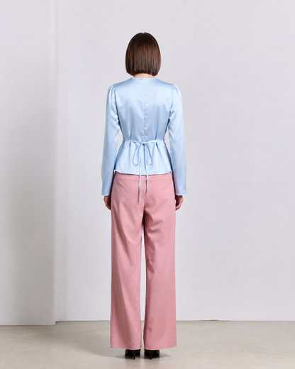 Lace-Trim Satin Tie-Front Blouse