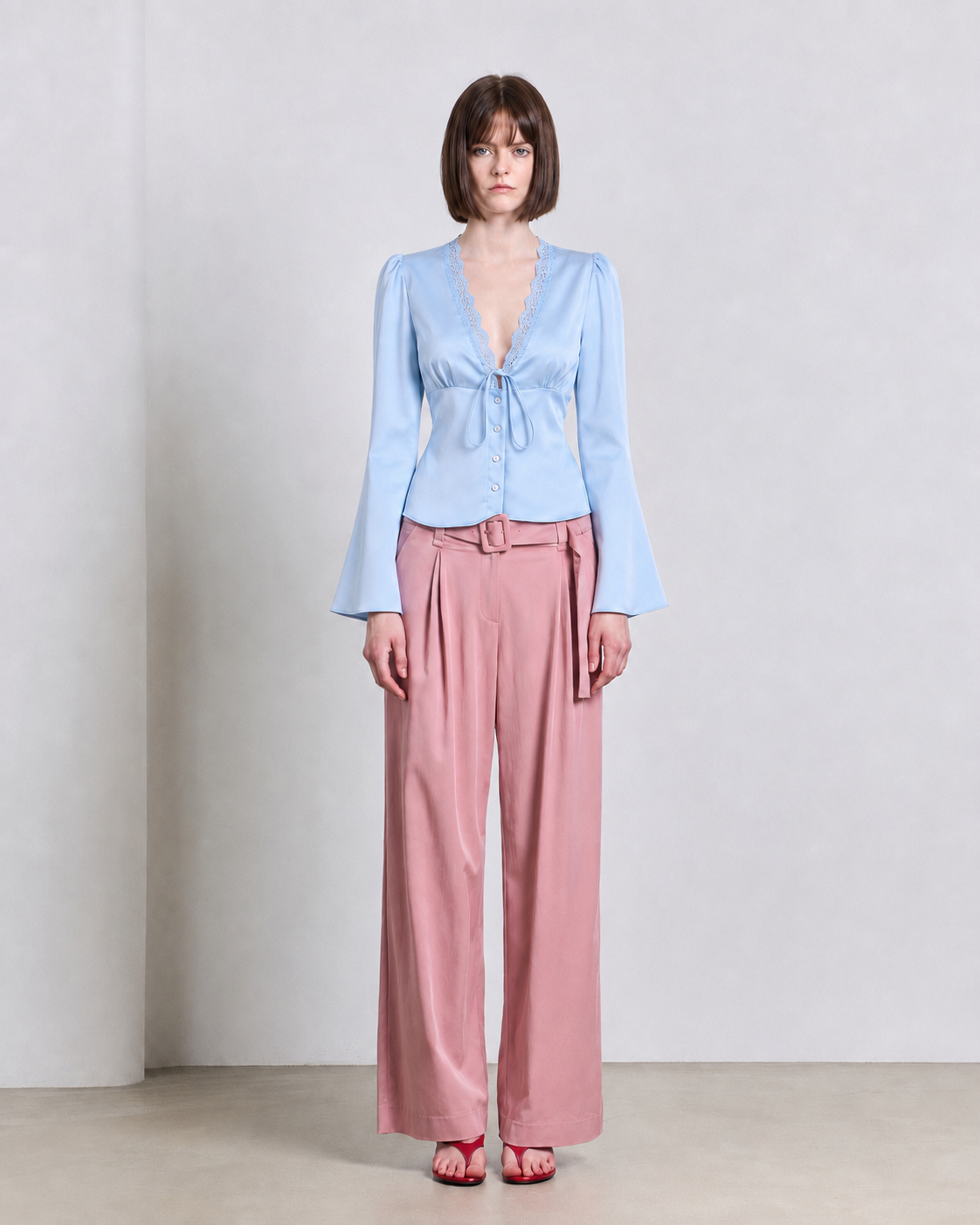 Lace-Trim Satin Tie-Front Blouse