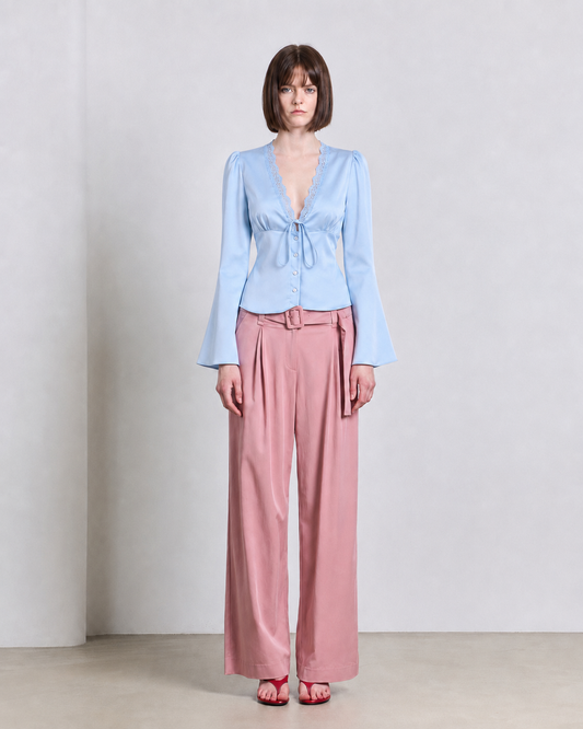 Lace-Trim Satin Tie-Front Blouse