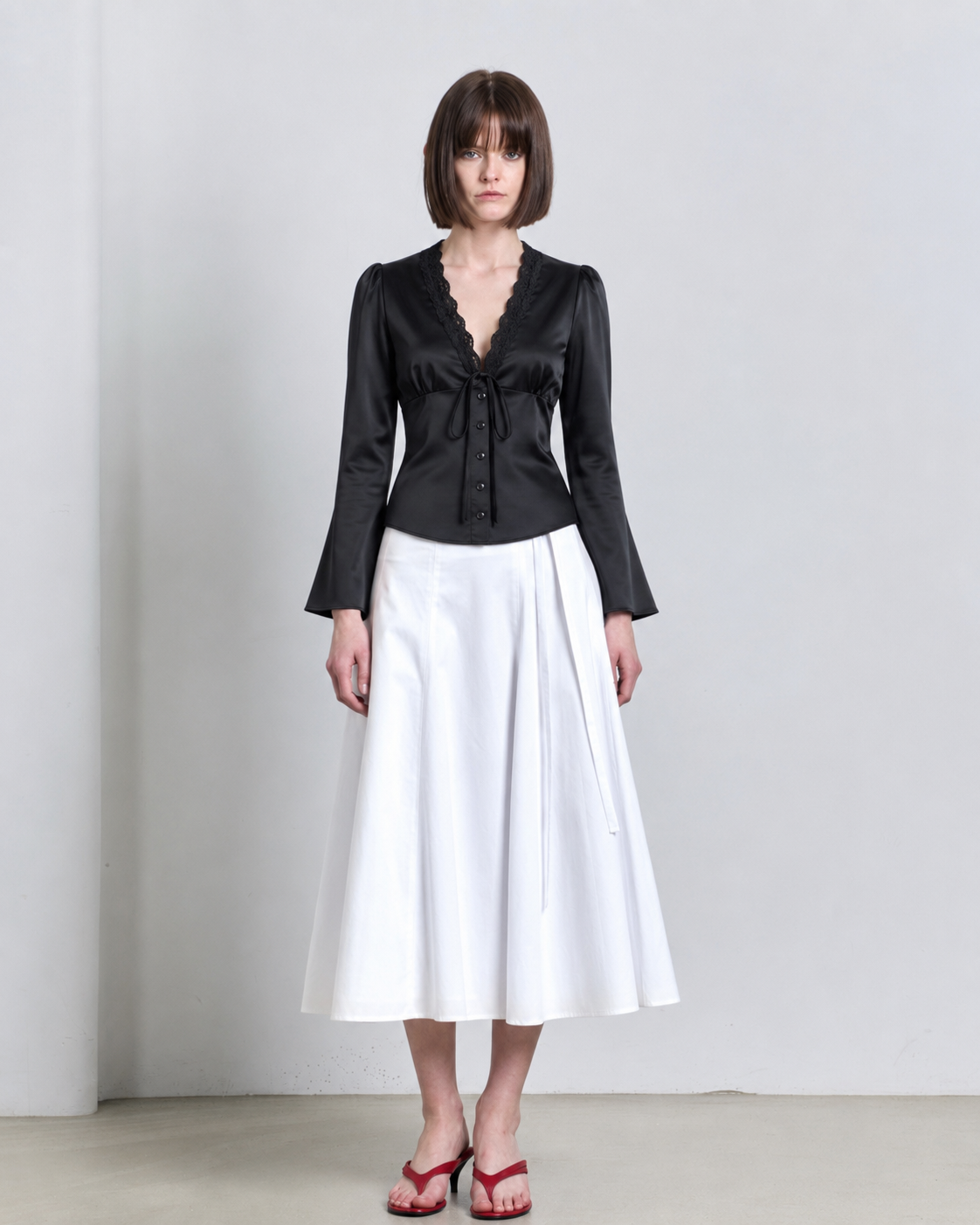 Lace-Trim Satin Tie-Front Blouse