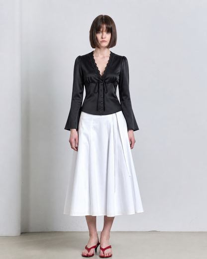 Lace-Trim Satin Tie-Front Blouse