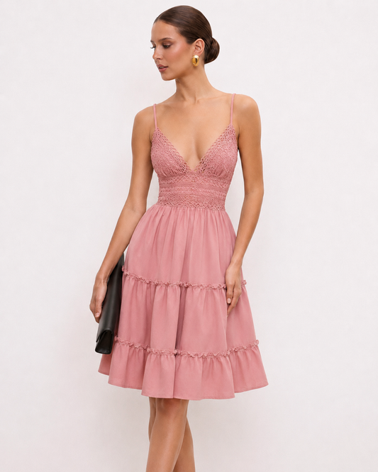 Lace-Bodice Tiered A-Line Mini Dress