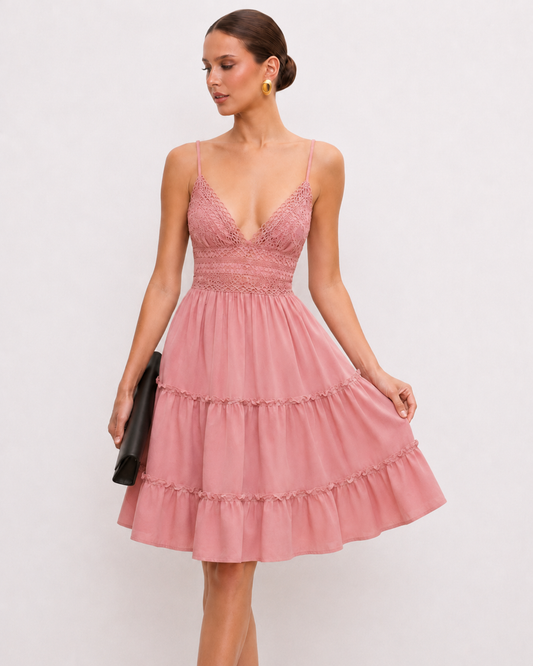 Lace-Bodice Tiered A-Line Mini Dress