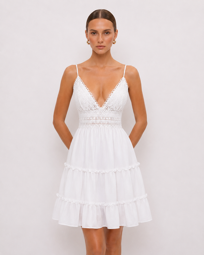 Lace-Bodice Tiered A-Line Mini Dress