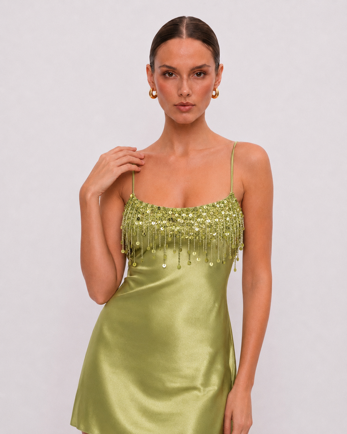 Embellished Fringe Satin Mini Dress