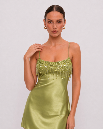 Embellished Fringe Satin Mini Dress