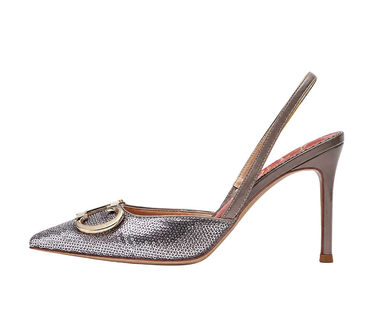 Champagne Pointed-Toe Buckle Slingback Pumps