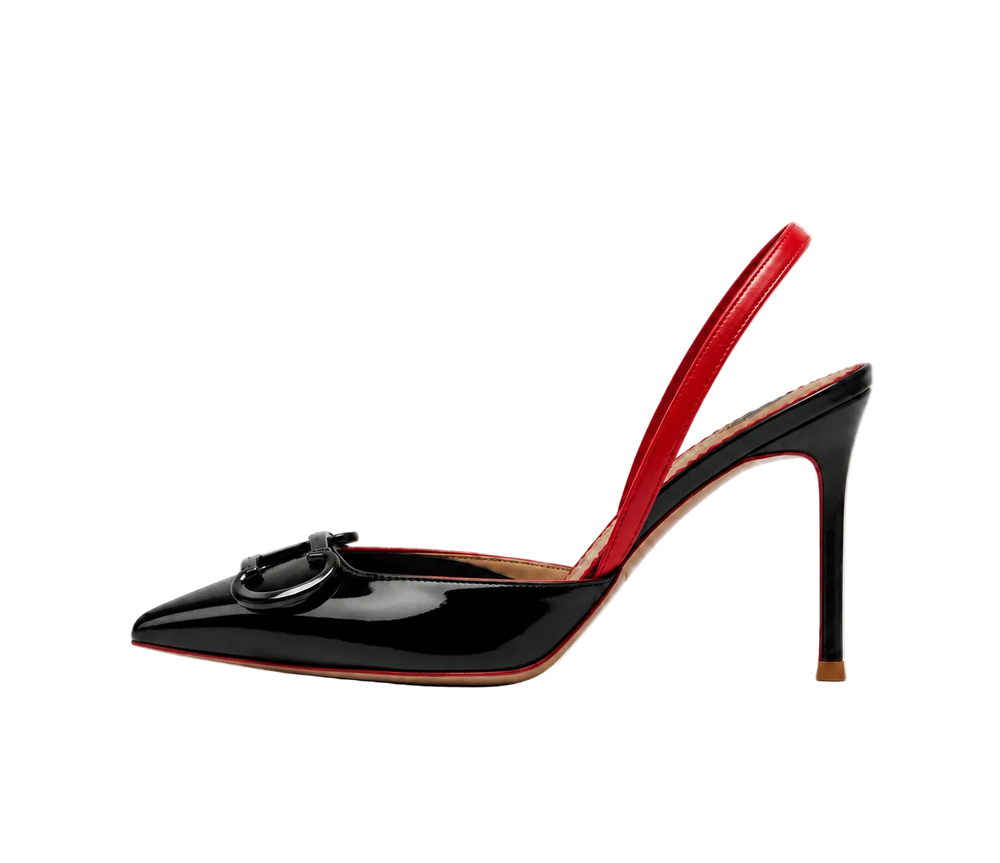 Black Pointed-Toe Buckle Slingback Pumps