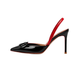 Black Pointed-Toe Buckle Slingback Pumps