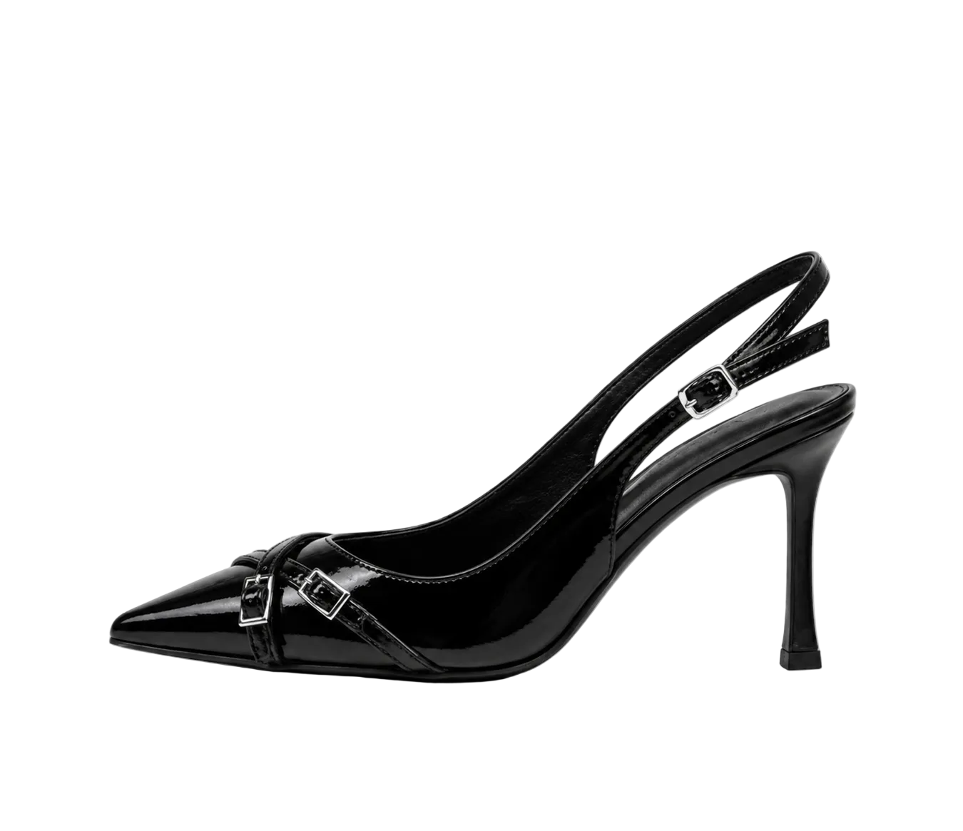 Black Double-Buckle Patent Slingback Pumps