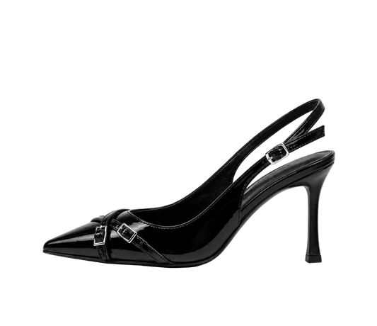 Black Double-Buckle Patent Slingback Pumps