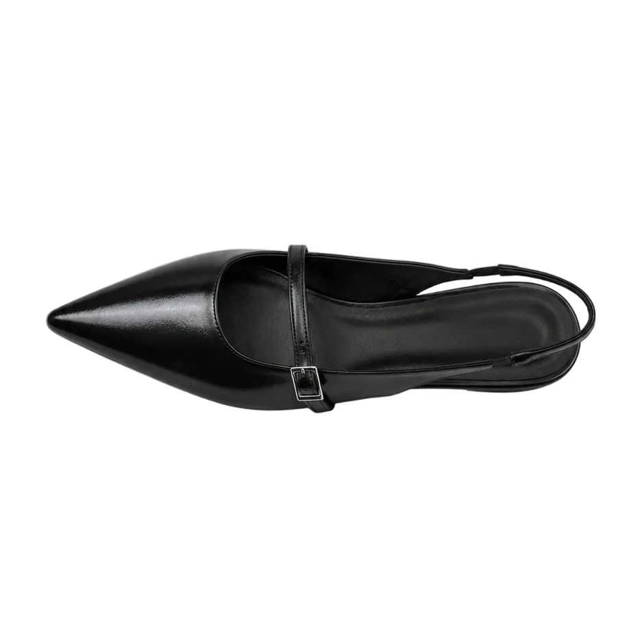 Black Pointed-Toe Buckle Slingback Flats