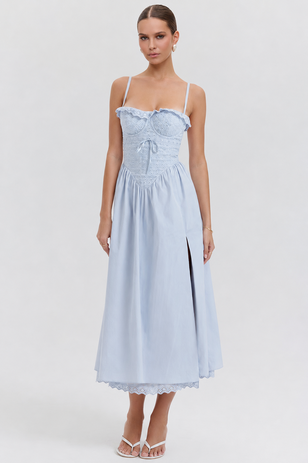 Soft Blue Cotton Broderie Anglaise Midi Sundress