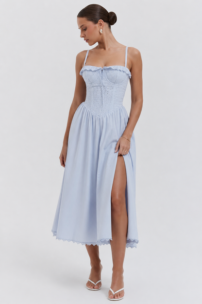 Soft Blue Cotton Broderie Anglaise Midi Sundress