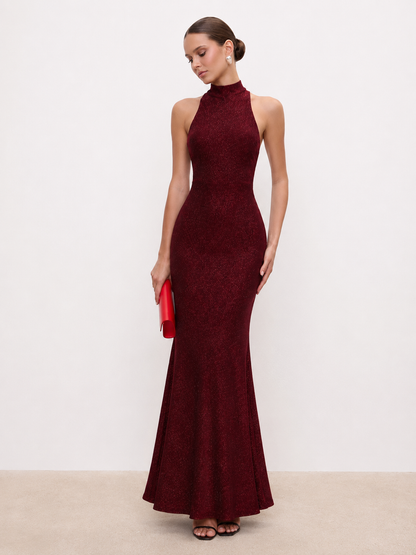 Burgundy Glitter Halterneck Maxi Dress