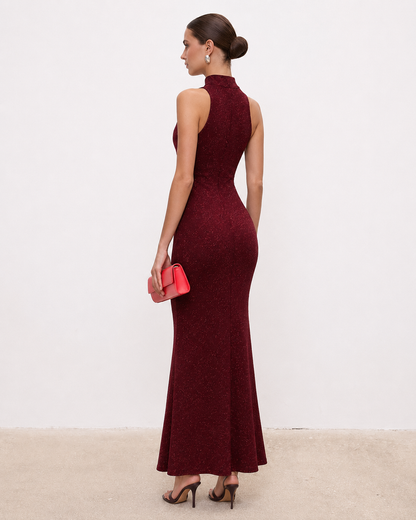 Burgundy Glitter Halterneck Maxi Dress