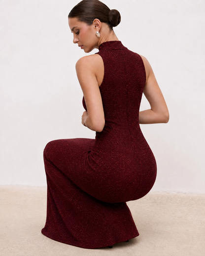 Burgundy Glitter Halterneck Maxi Dress