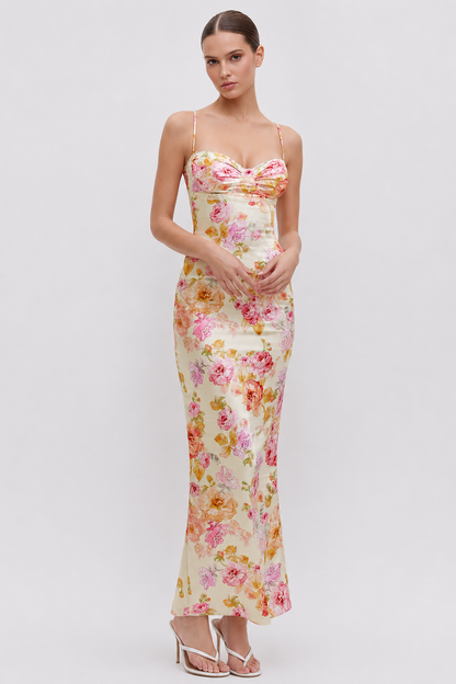 Ivory Floral Lace-Trim Satin Maxi Dress