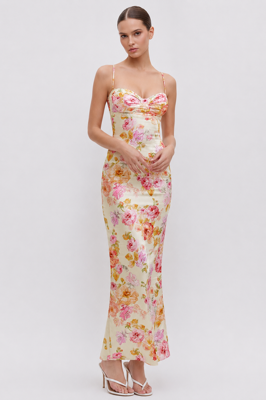 Ivory Floral Lace-Trim Satin Maxi Dress