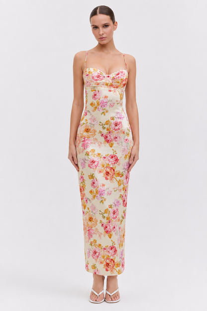 Ivory Floral Lace-Trim Satin Maxi Dress