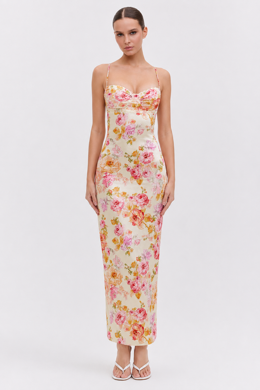 Ivory Floral Lace-Trim Satin Maxi Dress