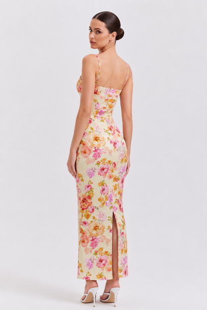 Ivory Floral Lace-Trim Satin Maxi Dress