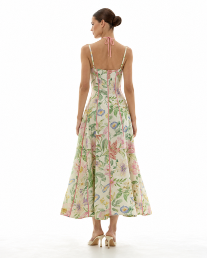 Ivory Botanical Contrast-Trim Corset Maxi Dress