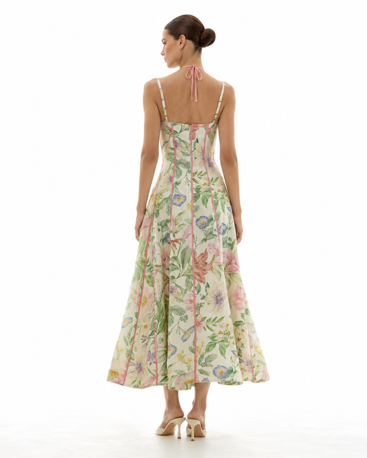 Ivory Botanical Contrast-Trim Corset Maxi Dress