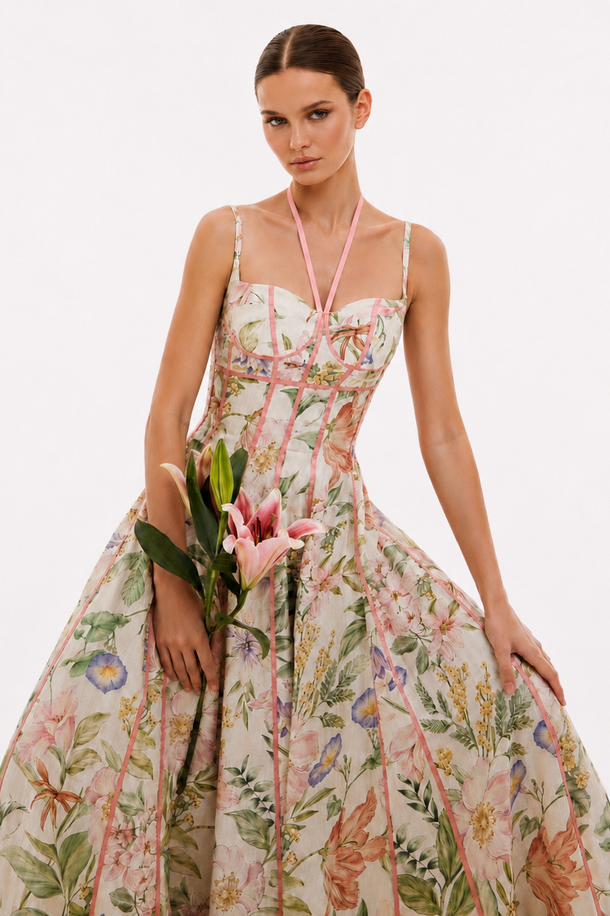 Ivory Botanical Contrast-Trim Corset Maxi Dress