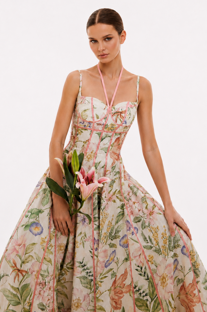Ivory Botanical Contrast-Trim Corset Maxi Dress