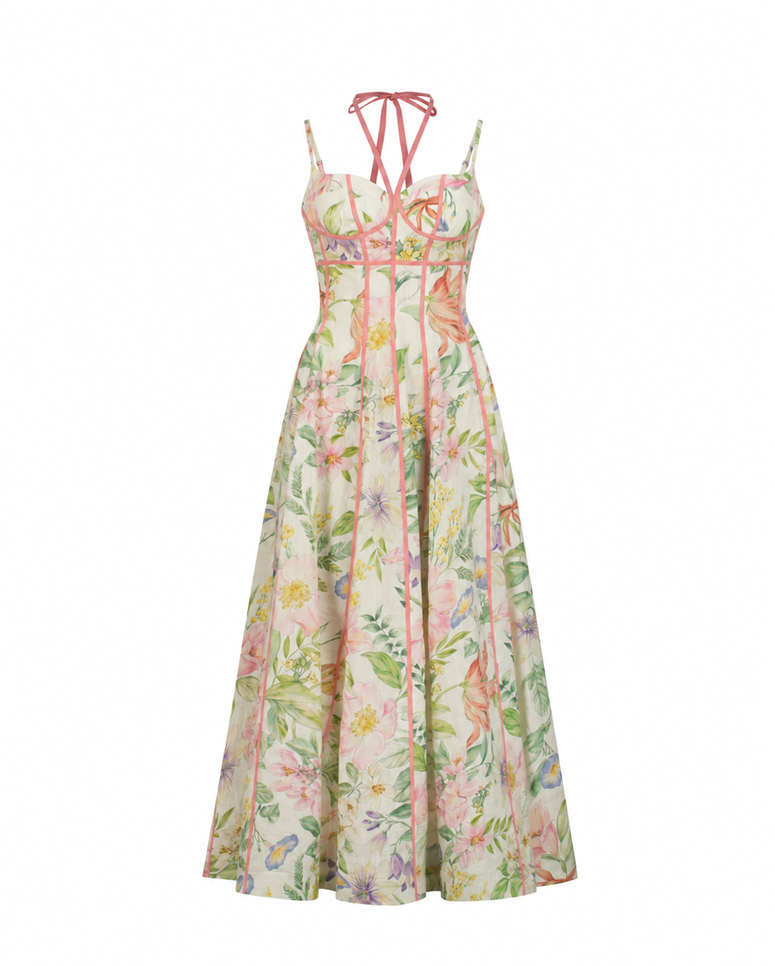 Ivory Botanical Contrast-Trim Corset Maxi Dress
