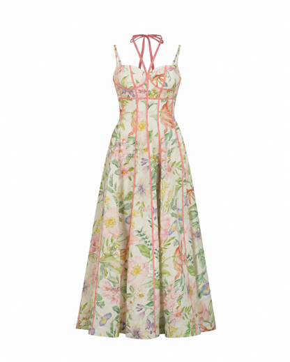 Ivory Botanical Contrast-Trim Corset Maxi Dress