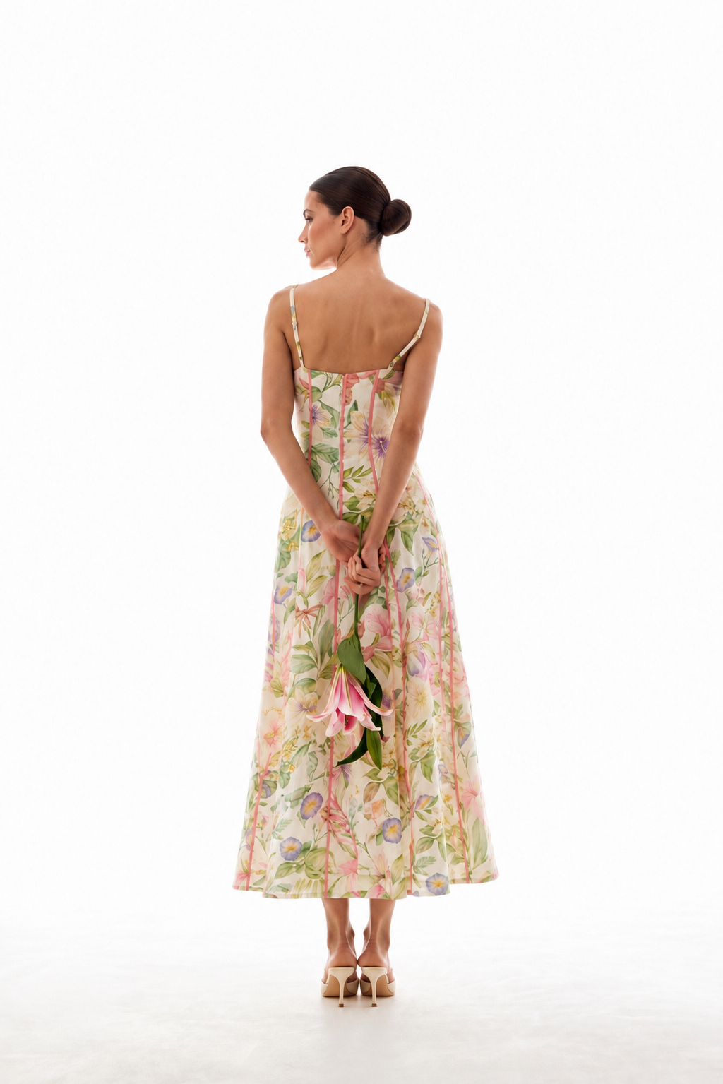 Ivory Botanical Contrast-Trim Corset Maxi Dress